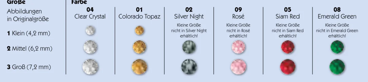 Premium Crystals in sechs Farben und drei Größen (Katalog-Ausschnitt)