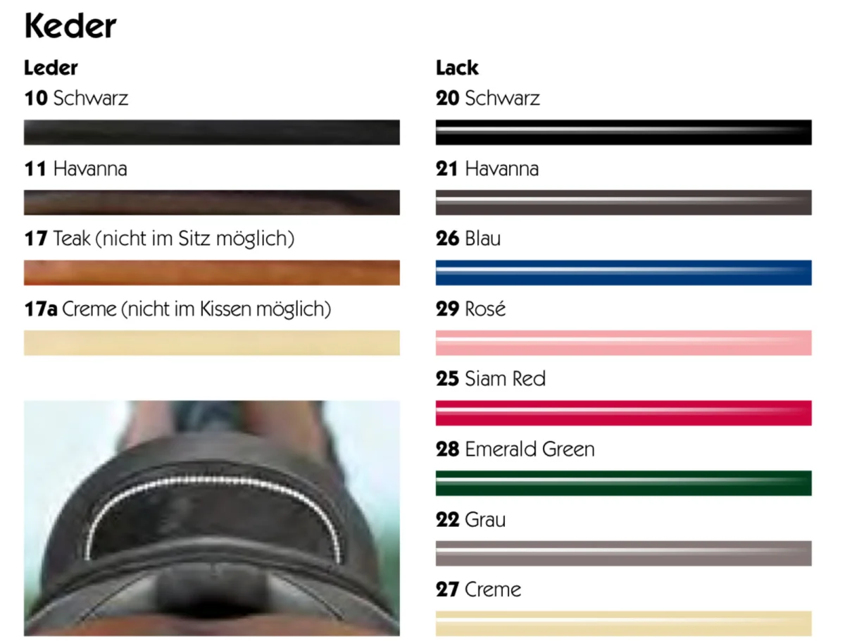 Keder-Varianten in Leder und Lack (Katalog-Ausschnitt)